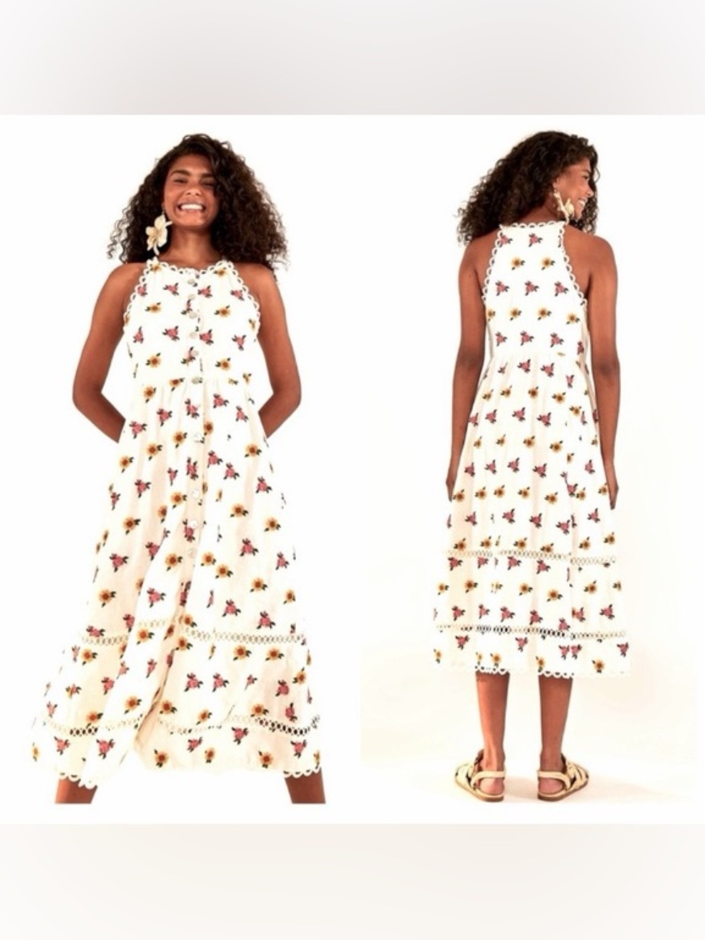 NEW FARM Rio Floral Halter Neck Linen Blend Midi Dress W/Extra Button Sz SMALL